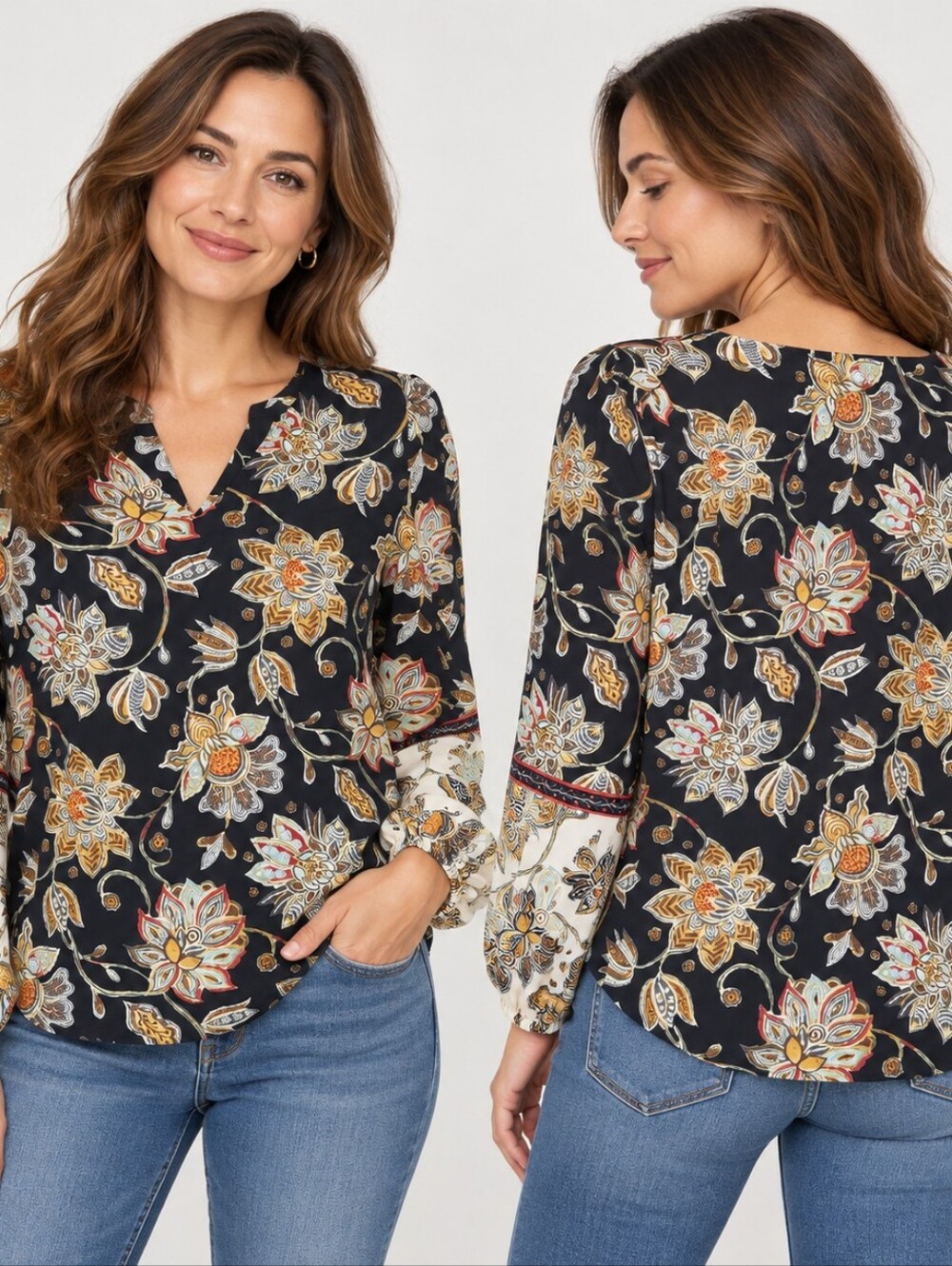 Floral Paisley Contrast Sleeve Blouse Medium Boho Chic Artsy Casual Cottagecore